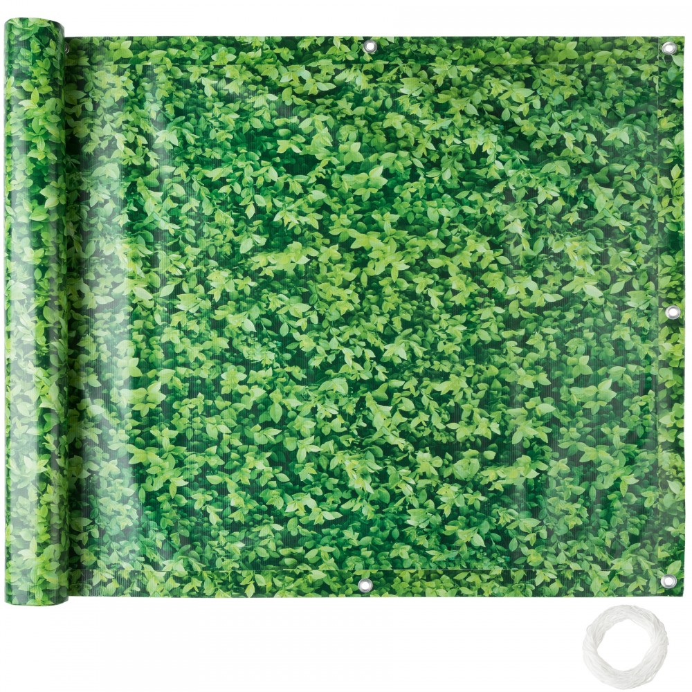 Green privacy screen featuring a leafy design, made from durable material, with grommets for easy installation and a roll of securing ties included.