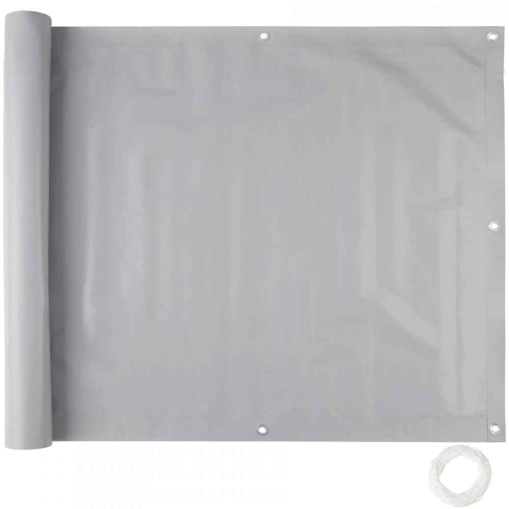 Grey privacy screen made of durable material, featuring reinforced edges and grommets for easy installation, accompanied by a roll of white securing rope.