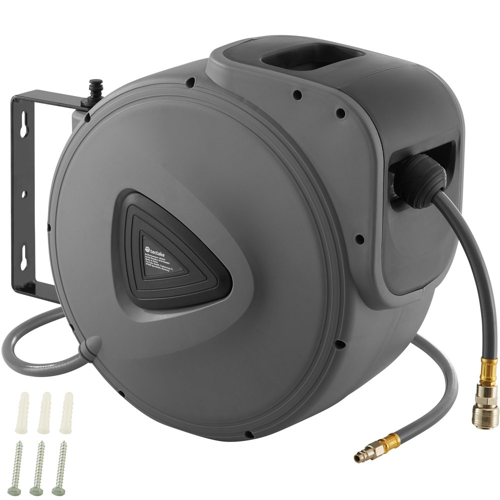 Grey compressed air hose drum measuring 41cm, featuring a sturdy plastic casing, a retractable hose, and included mounting screws for easy installation.
