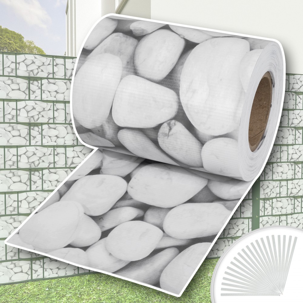 Privacy film roll featuring a marble gravel design in grey, with smooth, rounded stone patterns, includes fastening clips for easy installation.