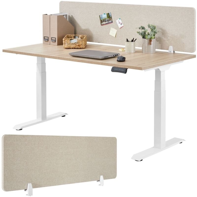 Cream sound-absorbing desk partition with a textured fabric finish, designed for a modern workspace, featuring a white frame and clips for notes or photos.