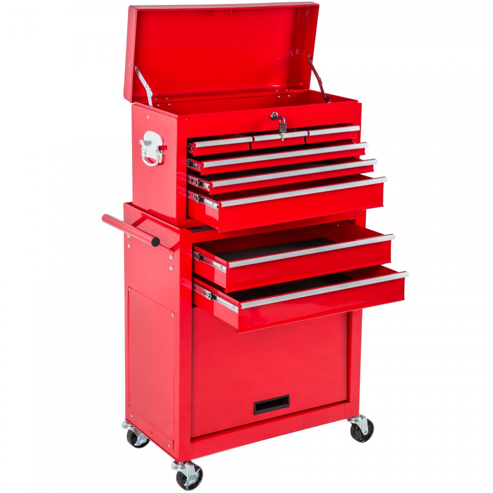 Red metal tool chest with eight drawers, featuring a top lid, chrome handles, and wheels for mobility, designed for organized storage and easy access to tools.