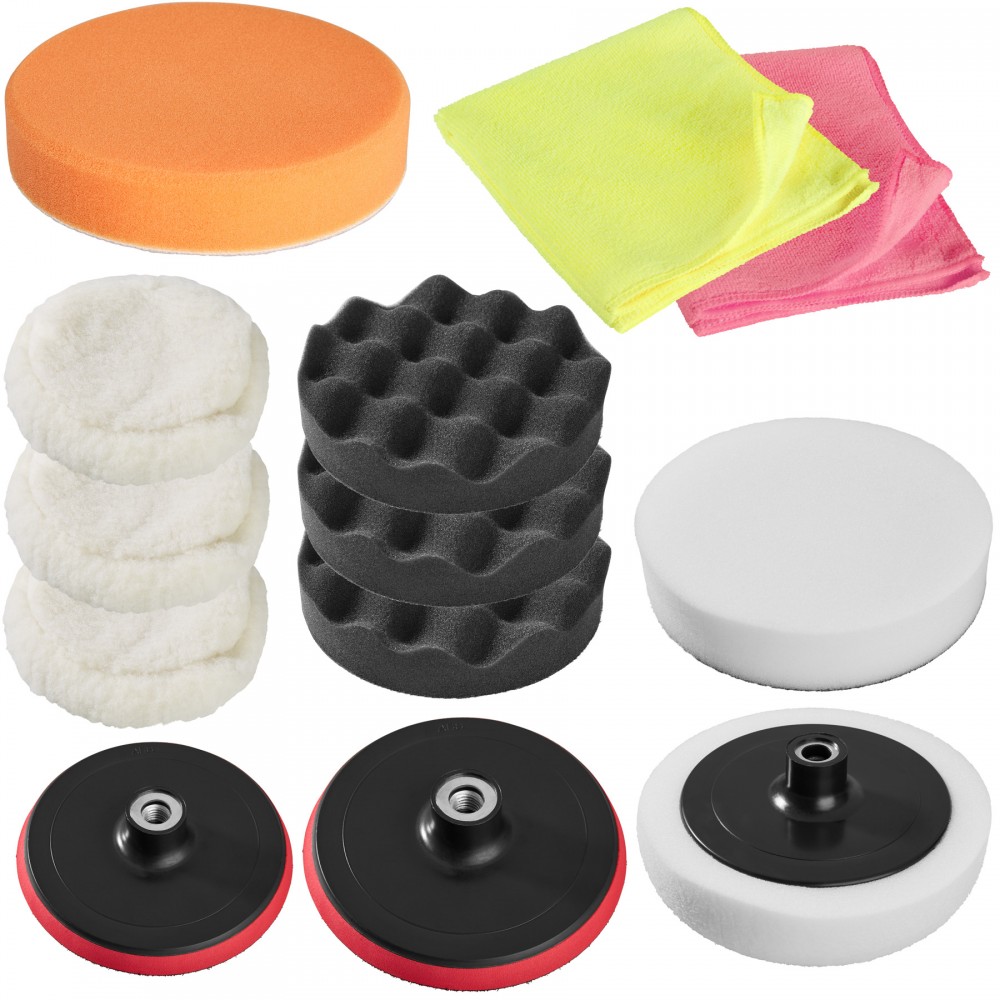 Tectake polishing and buffing set featuring 13 pieces, including colorful pads in orange, yellow, and pink, soft white and black wool pads, and sturdy black and red backing wheels.