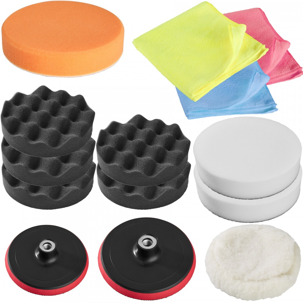 Polishing and buffing pad set featuring 14 pieces, including orange and black foam pads, microfiber cloths in pink, yellow, and blue, plus two backing plates and a wool pad.