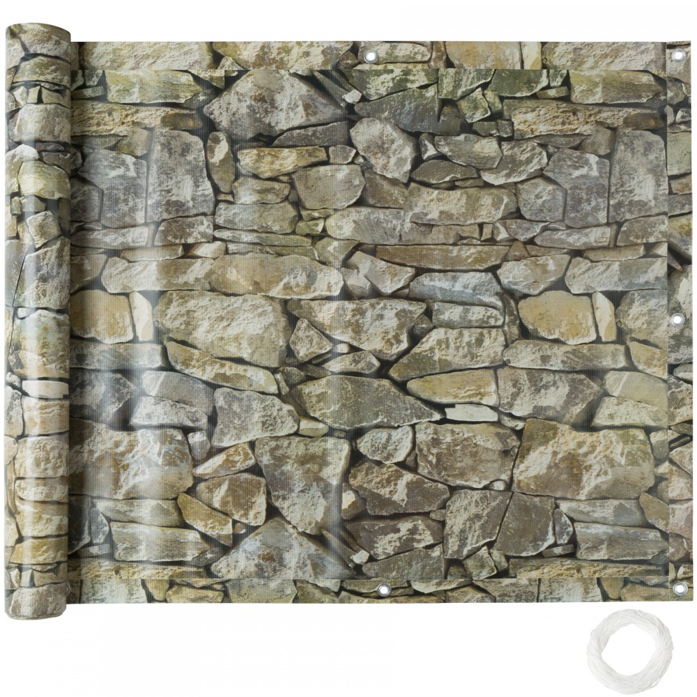 Grey privacy screen featuring a realistic stone wall design, made from durable material, with grommets for easy installation.