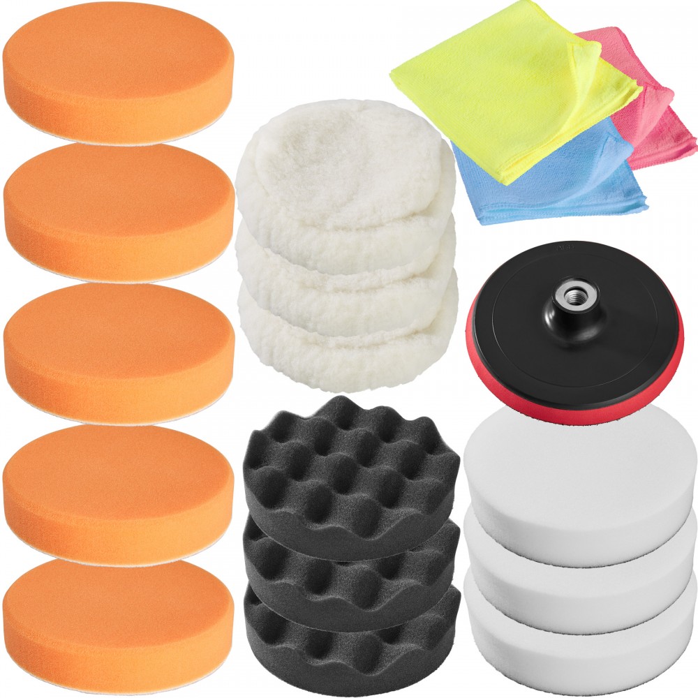 Tectake polishing and buffing pad set with 18 pieces, featuring orange foam pads, white wool pads, black textured pads, and microfiber cloths in yellow, pink, and blue.