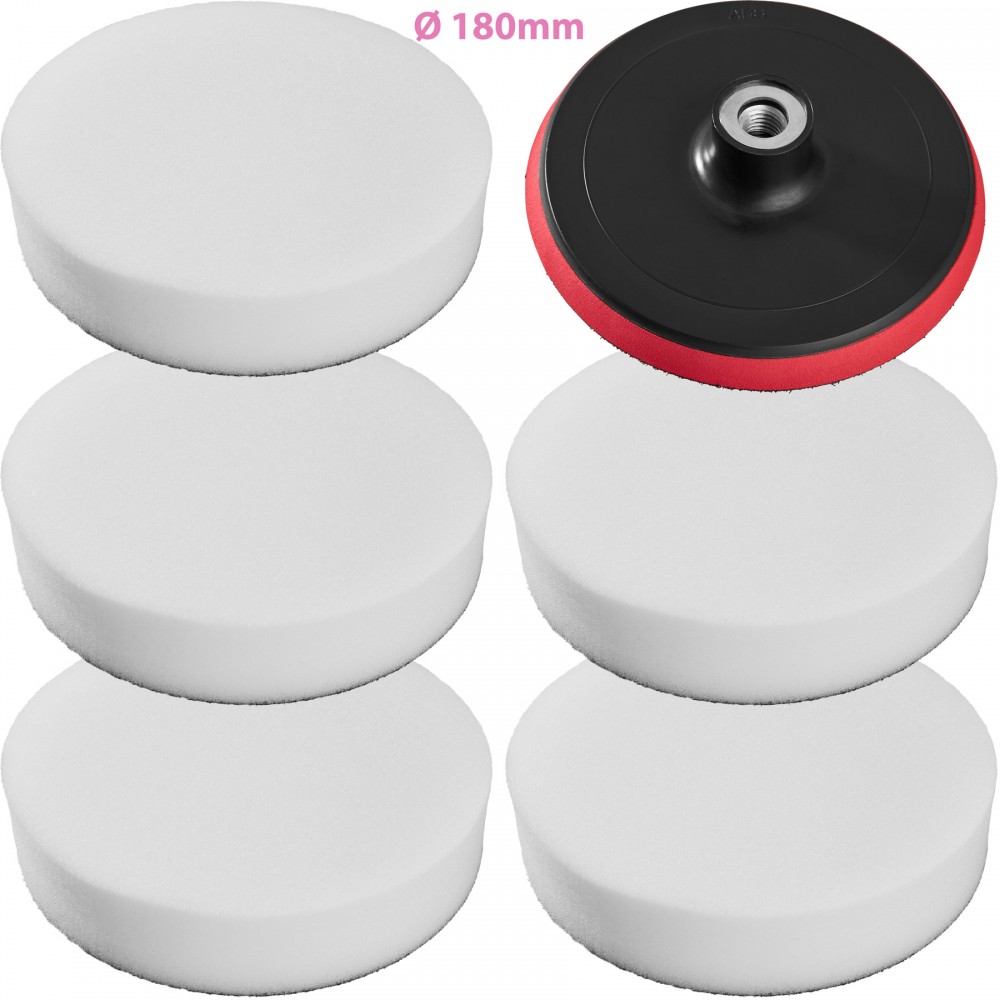 Set of six white polishing discs and one red backing pad, each 180mm in diameter, designed for effective polishing and finishing tasks.