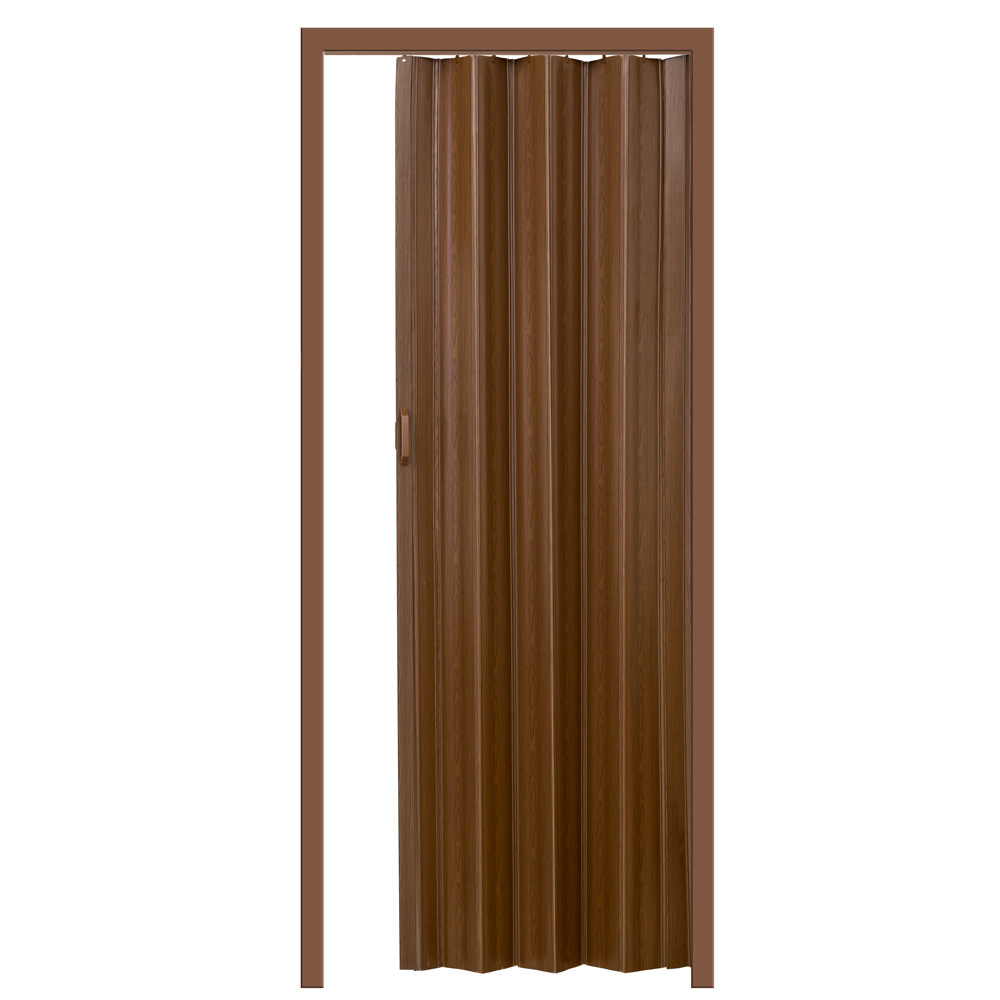 Interior folding door in a warm teak finish, featuring a pleated design and a sleek handle, ideal for room division and space-saving solutions.