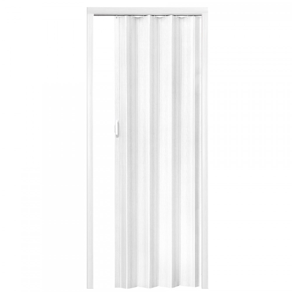 White folding room divider with a sleek design, featuring multiple vertical panels and a handle for easy sliding, ideal for creating separate spaces in interiors.