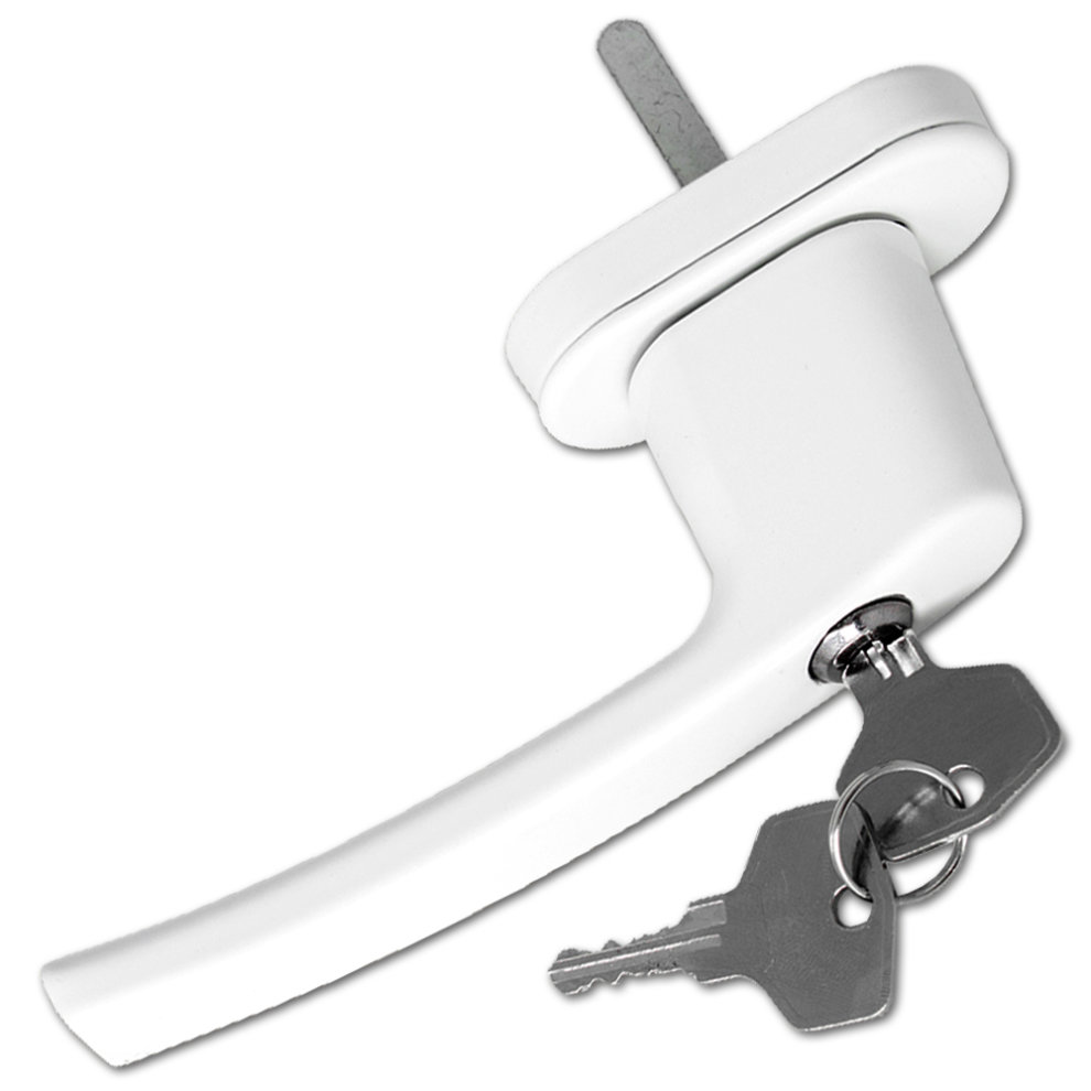 Lockable white UPVC window handle with a curved lever design, featuring a keyhole and two silver keys attached.