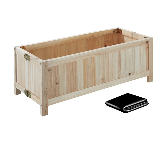 Brown wooden raised garden bed with a 30-litre capacity, measuring 70 x 30 x 25 cm, featuring metal corner brackets and a black protective liner.
