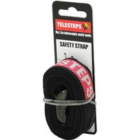 Black Telesteps Ladder Safety Strap with red branding, coiled and secured in packaging with a metal buckle.