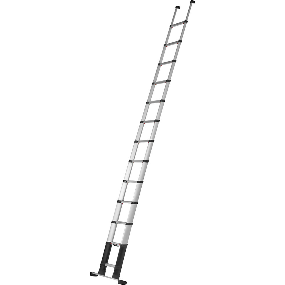 Telesteps Prime Line telescopic ladder in silver aluminum with black stabiliser bar, featuring adjustable rungs and a compact design for easy storage.