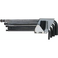 Black Teng Tools 9 piece imperial hex key set with ball-end tips in a compact metal holder.