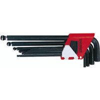 Black Teng Tools 9 piece metric hex key set with red holder, featuring L-shaped keys in various sizes.