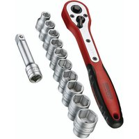 Red and black Teng Tools ratchet with 12 silver metric sockets and extension bar.