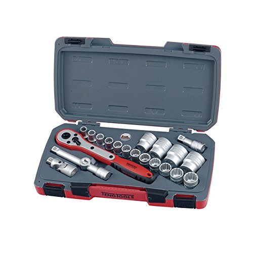 Red and gray plastic case containing a 21-piece metric socket set, featuring a 1/2-inch drive ratchet and various chrome-plated sockets in different sizes.