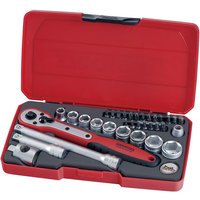 Red Teng Tools socket set with ratchet, extension bars, and various sockets in a molded case.