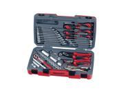 Teng T3848 socket and tool set in a gray plastic case, featuring 48 metric and AF tools, with red-handled sockets and wrenches, neatly organized for easy access.