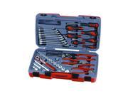 Teng T3867 tool set features 67 pieces in a sturdy gray case, including red-handled wrenches, sockets, and ratchets, ideal for automotive and mechanical tasks.