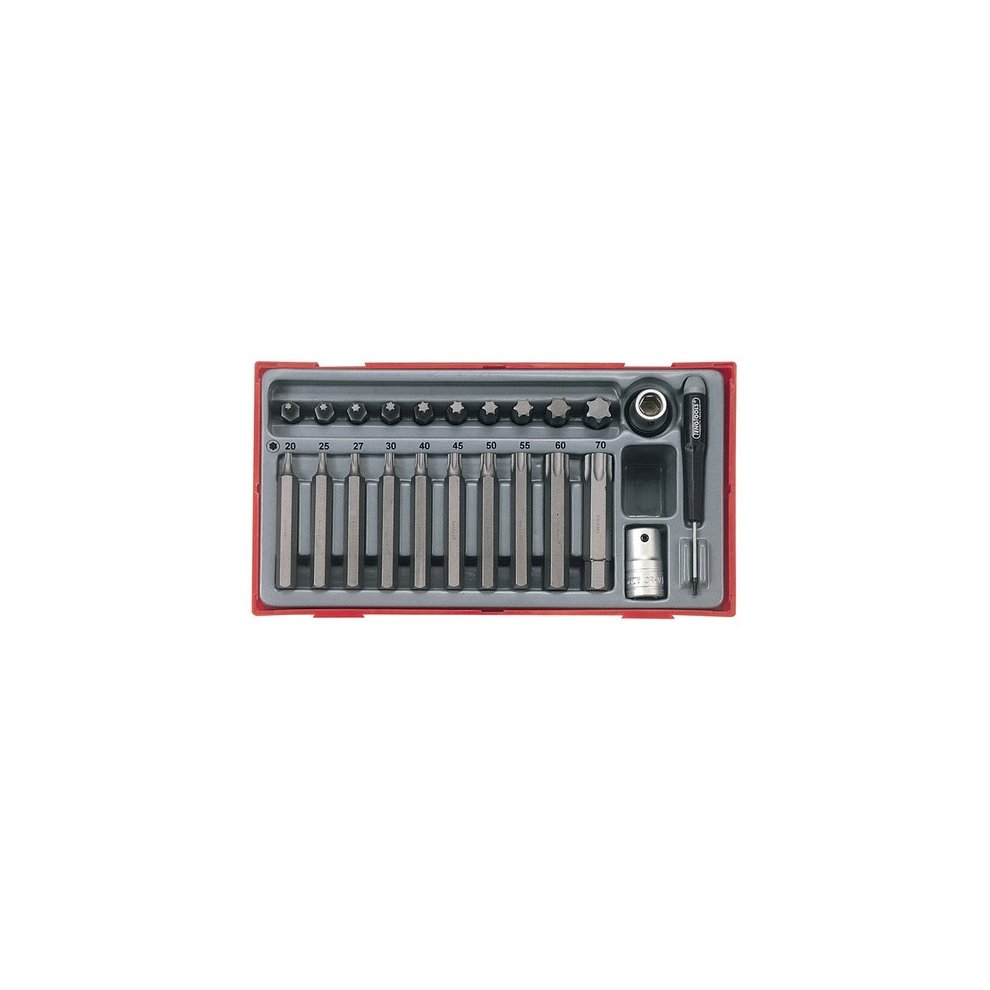 23-piece Teng TC23 TTTX23 TX Bit Socket Set in a red plastic case, featuring various black metal bits and a 1/2-inch drive socket, neatly arranged for easy access.