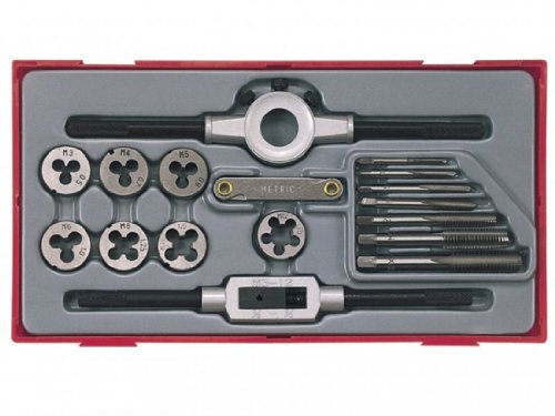 17-piece Teng TC30 TTTD17 rethreading tap and die set in a red case, featuring metal taps and dies with black handles, organized in a foam insert.