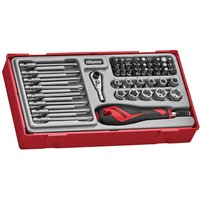 Red Teng Tools 49 piece bit driver set with black and red quick chuck driver, sockets, and bits in a molded case.
