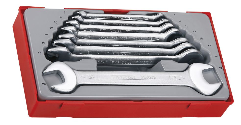 Eight-piece Teng TT6208 metric open-end spanner set in a red plastic case, featuring shiny steel spanners with clearly marked sizes and a molded tray for organization.