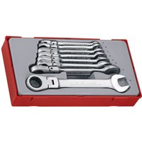 Red case with 8 silver flexible ratcheting spanners, sizes 8-19mm, by Teng Tools.