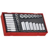 Red Teng Tools socket set with 32 silver sockets in various sizes, neatly arranged in a black tray.