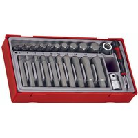 Red Teng Tools 23 piece hex bit socket set with various sizes in a molded case, featuring a ratchet and extension bar.