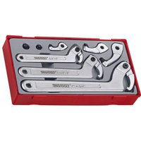 Red case with Teng Tools 8-piece silver hook and pin wrench set, featuring various sizes and shapes for versatile use.