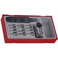 Red Teng Tools impact driver set with black handle, various metal bits, and accessories in a gray molded case.