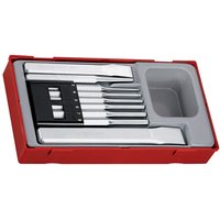 Red Teng Tools punch and chisel set with nine silver pieces in a molded gray plastic tray.