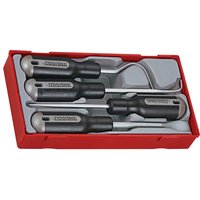 Teng Tools 4 Piece Scraper & Remover Set with black handles and silver blades in a red storage tray.