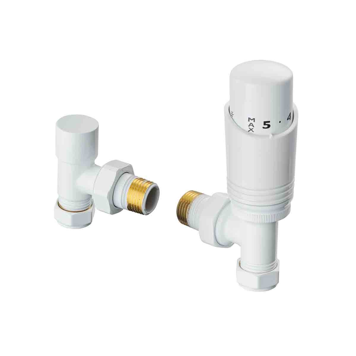 White thermostatic valve set with cylindrical design, featuring an angled shape and left or right-sided options, made of durable material with clear temperature markings.