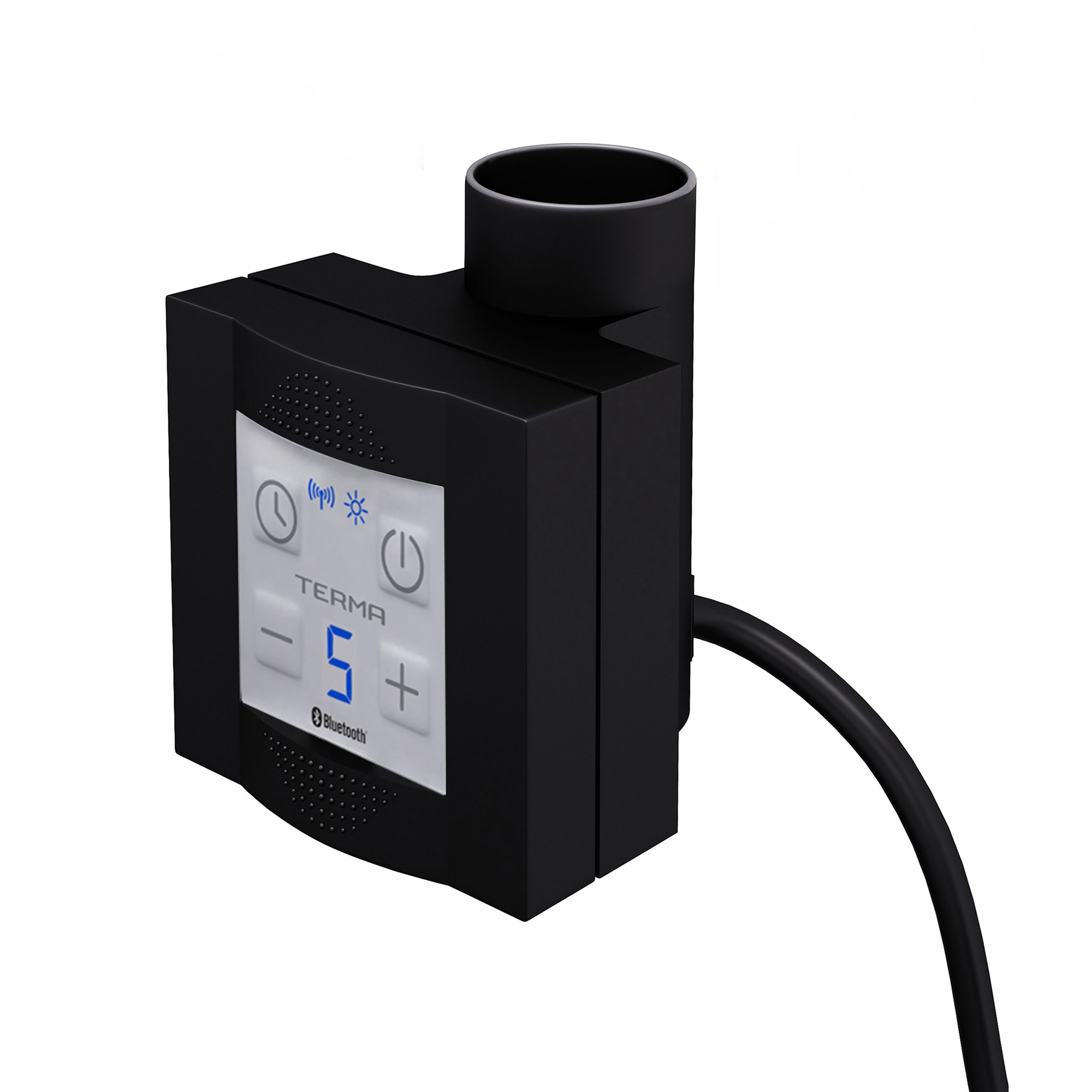 Terma KTX-4 heating element controller in black with a digital display, featuring buttons for temperature adjustment and a circular mount for installation.