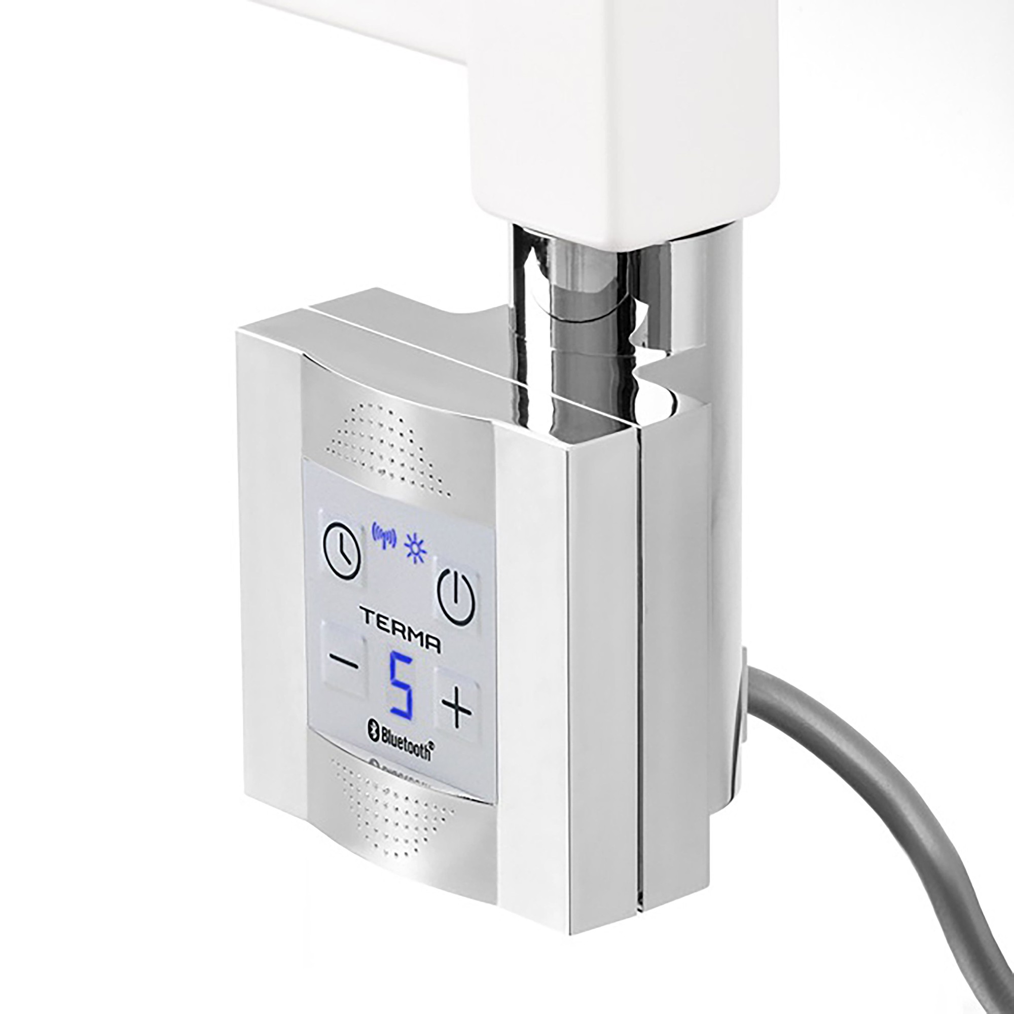 Terma KTX-4 heating element features a chrome and silver controller with a blue display, buttons for temperature adjustment, and a sleek, modern design.