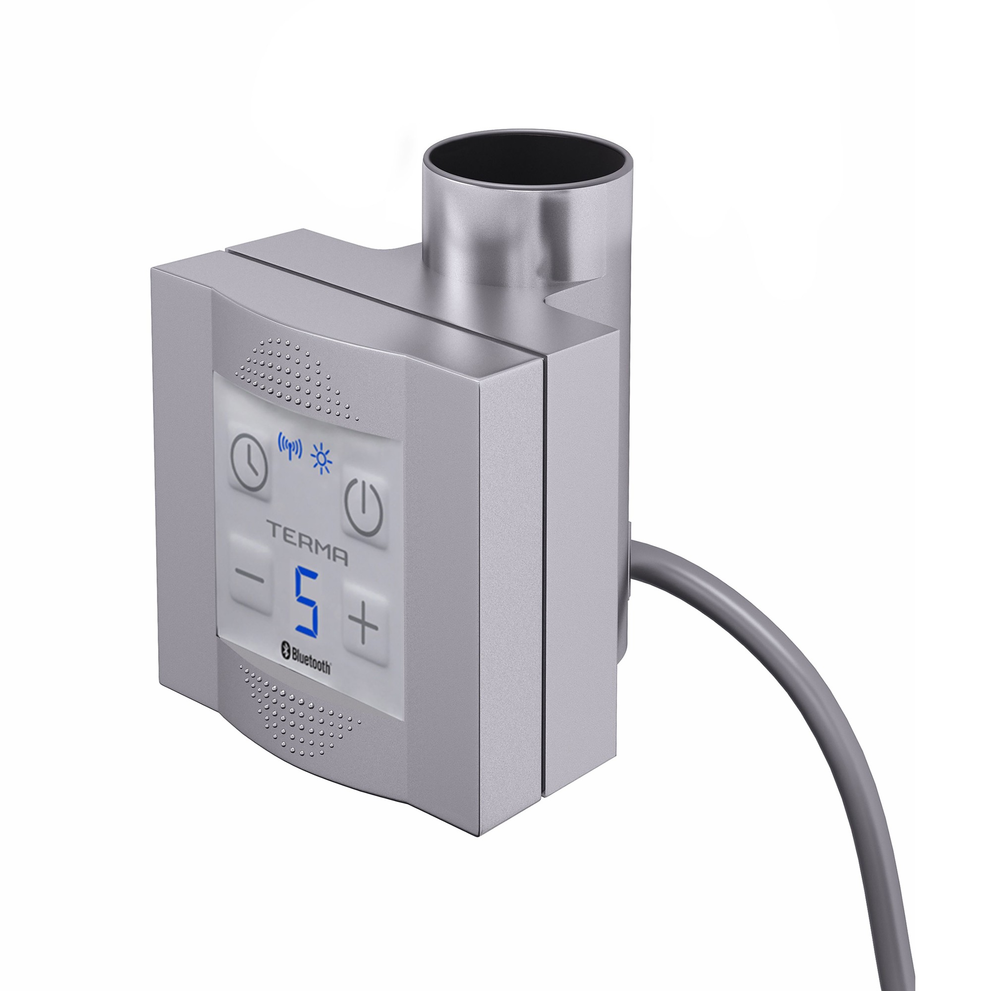 Terma KTX-4 heating element controller in silver with a blue display, featuring buttons for temperature adjustment and a Bluetooth symbol, connected by a gray cable.