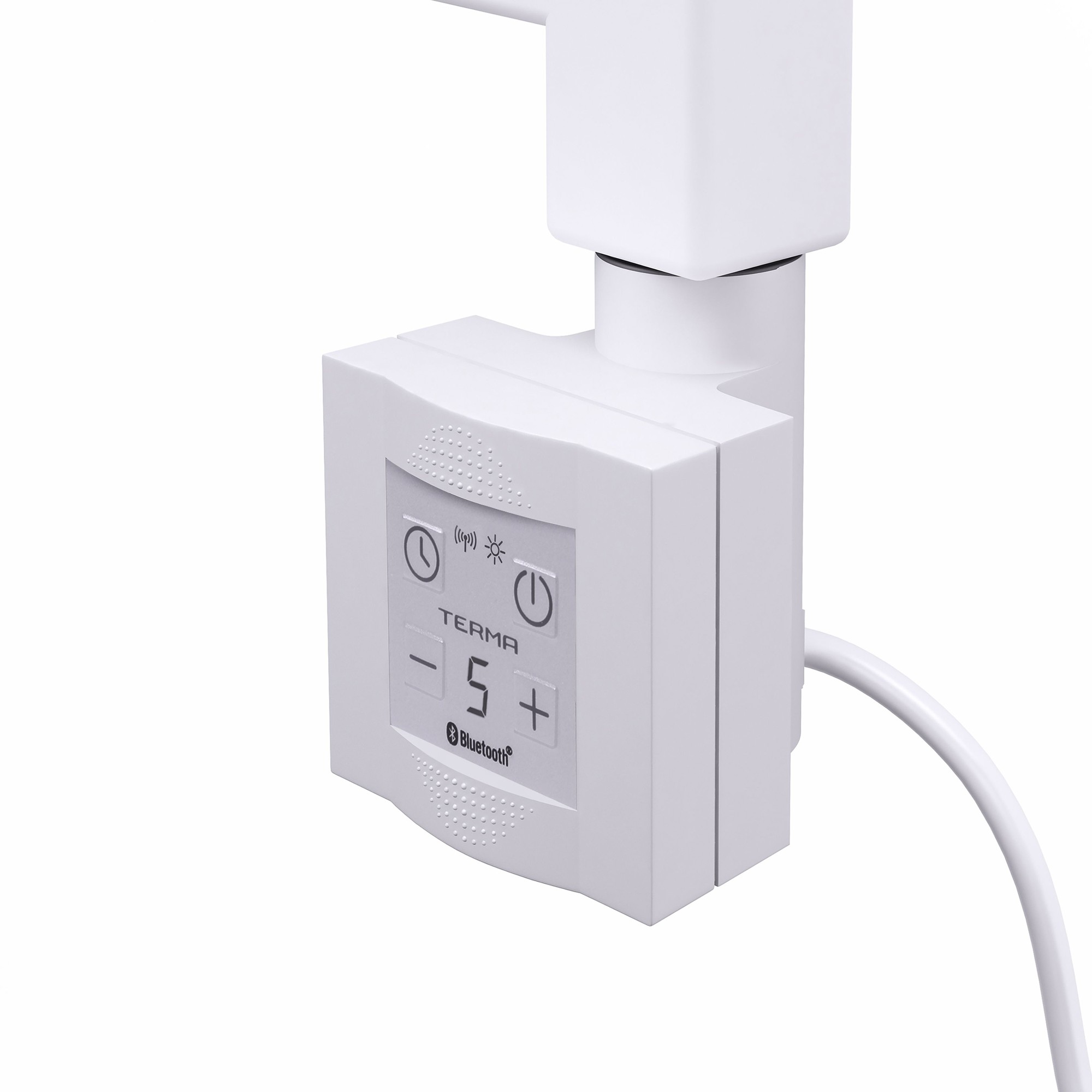Terma KTX-4 heating element features a white controller with a blue Bluetooth icon, adjustable temperature buttons, and a sleek design for modern interiors.