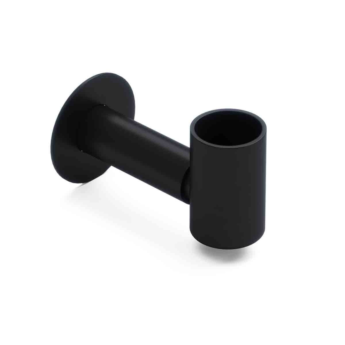 Matt black accessory cable masking cover designed for Terma Elements, featuring a cylindrical pipe holder with a flat circular base for easy installation.