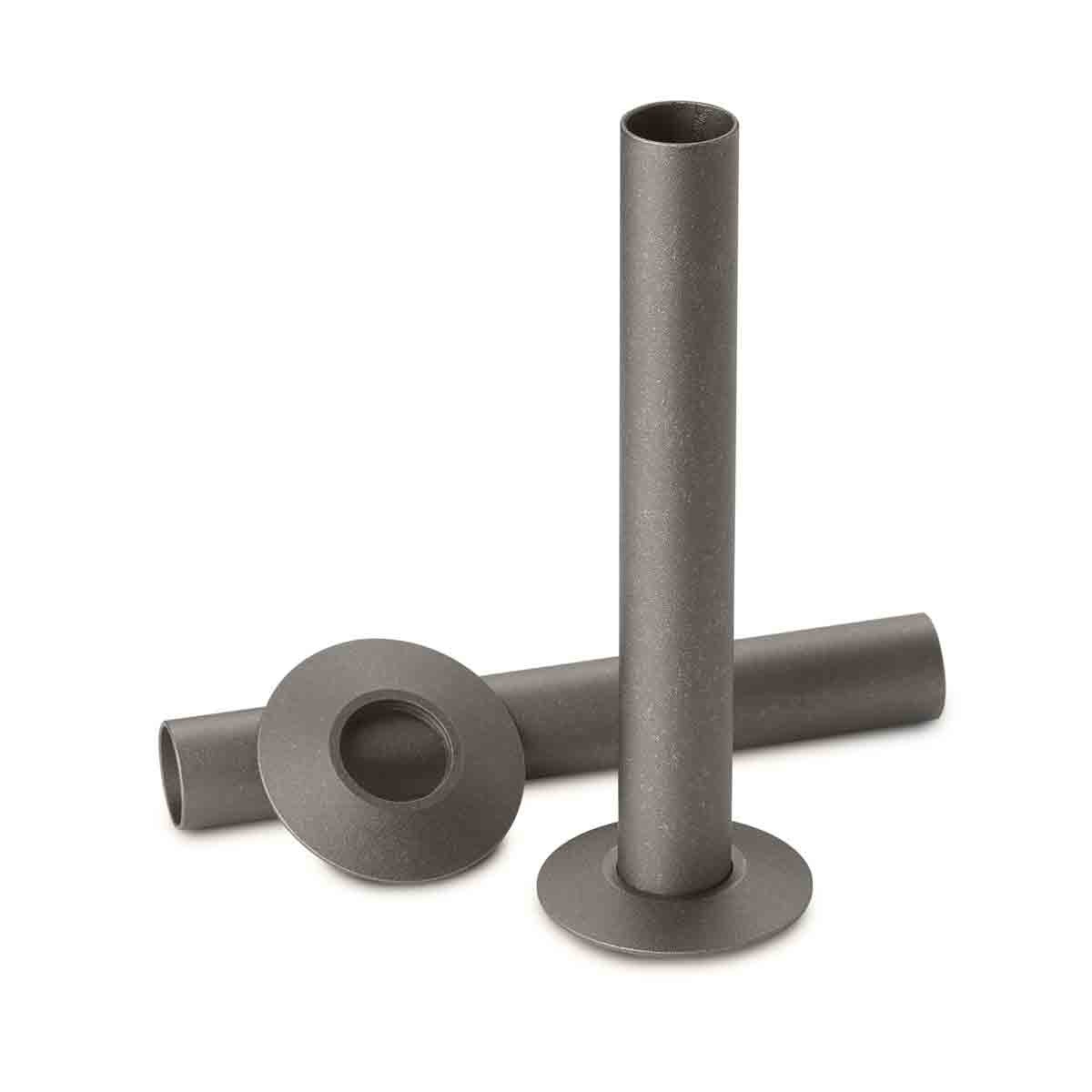 Pewter grey 130mm pipe sleeving and metal collar set by Terma, featuring a smooth, matte finish and circular collar for secure fitting.