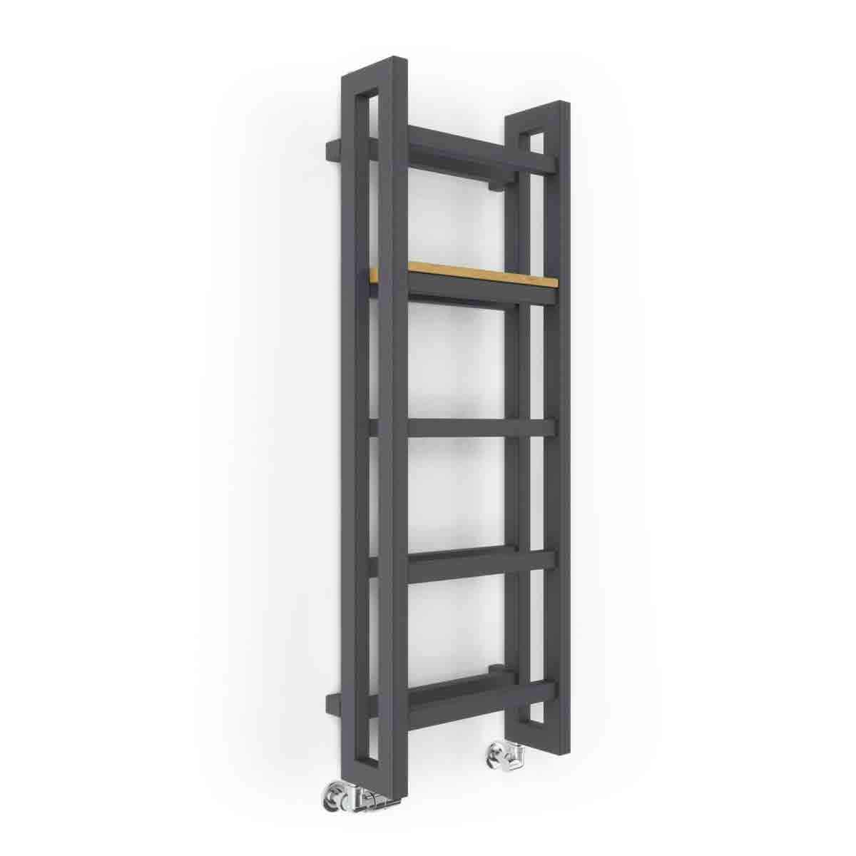 Terma Accessory Shelf in oak brown, designed for 400mm wide stand towel rail, featuring a sleek, modern design with a single wooden shelf and metal frame.