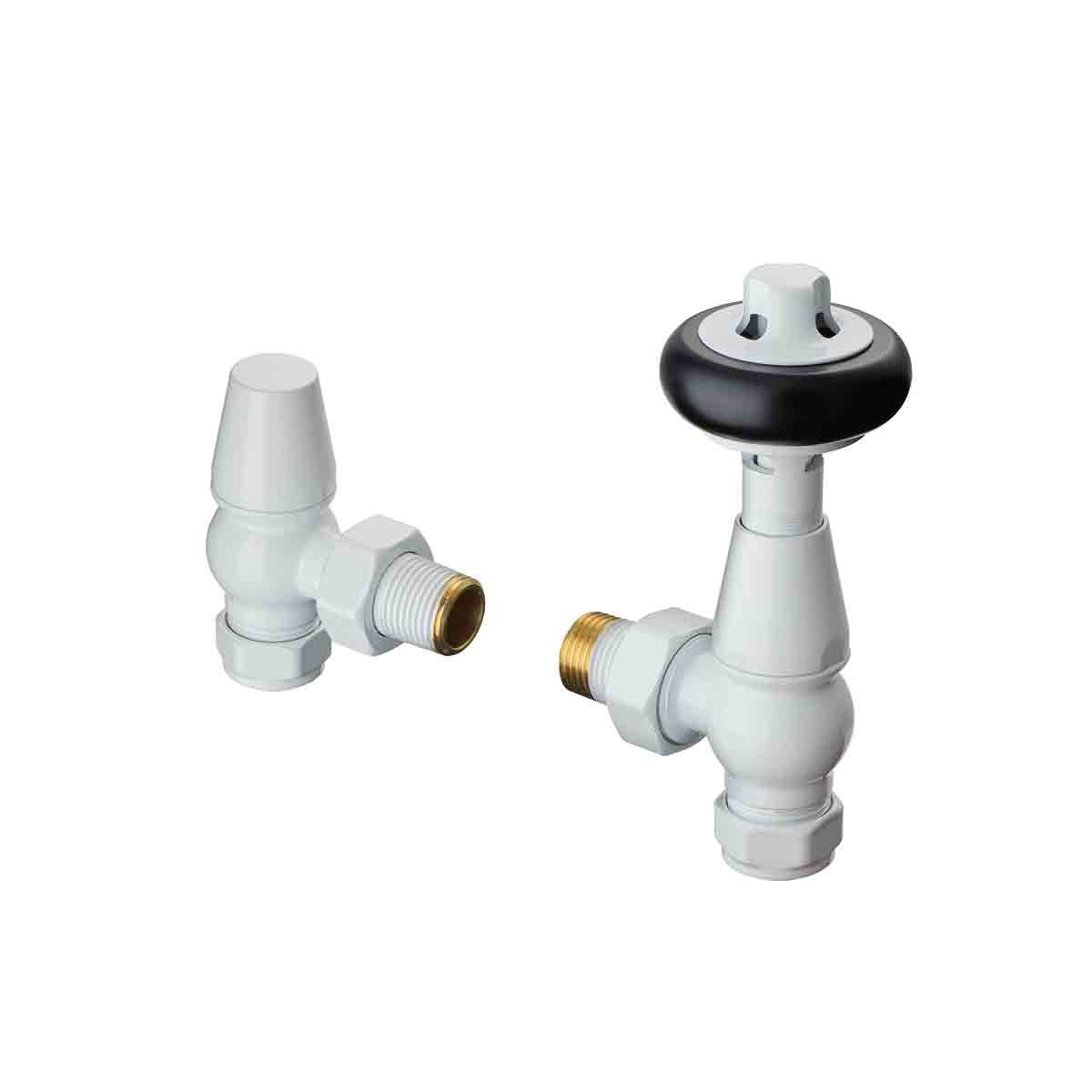 White thermostatic angled TRV and lockset by Terma, featuring a black control knob and brass connector, designed for left or right-sided installation.