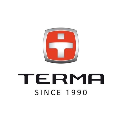 Terma logo featuring a red shield with a white plus sign, accompanied by the word "TERMA" in bold black letters and "SINCE 1990" below in smaller text.