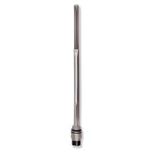 Silver stainless steel heating element with a sleek, elongated design, featuring a black base and a thermostat control for precise temperature management.