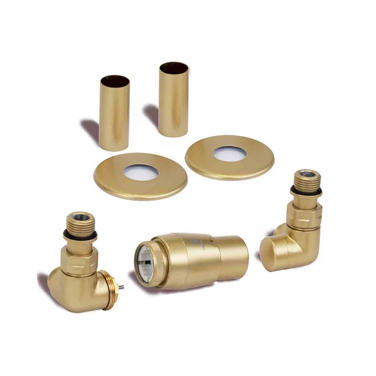 Brass-colored Terma accessory valves set includes left-sided 3-axis corner TRVs, pipe masking components, and two cylindrical covers, all featuring a sleek, modern design.