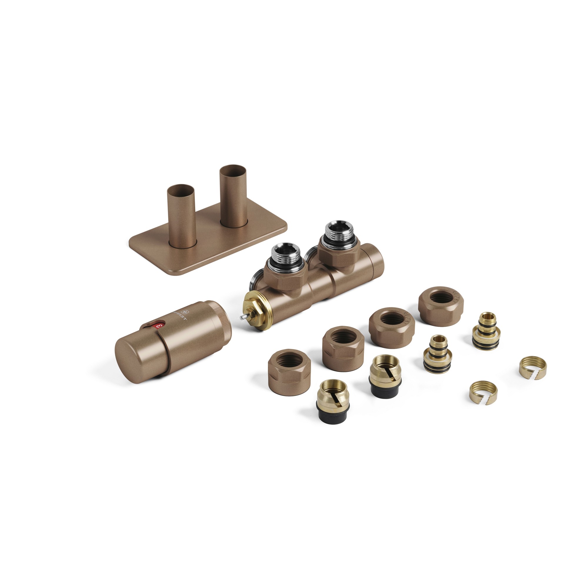 Bright copper angled accessory valves set with integrated TRVs, featuring a left-sided design, pipe masking, and various fittings in a rich brown finish.