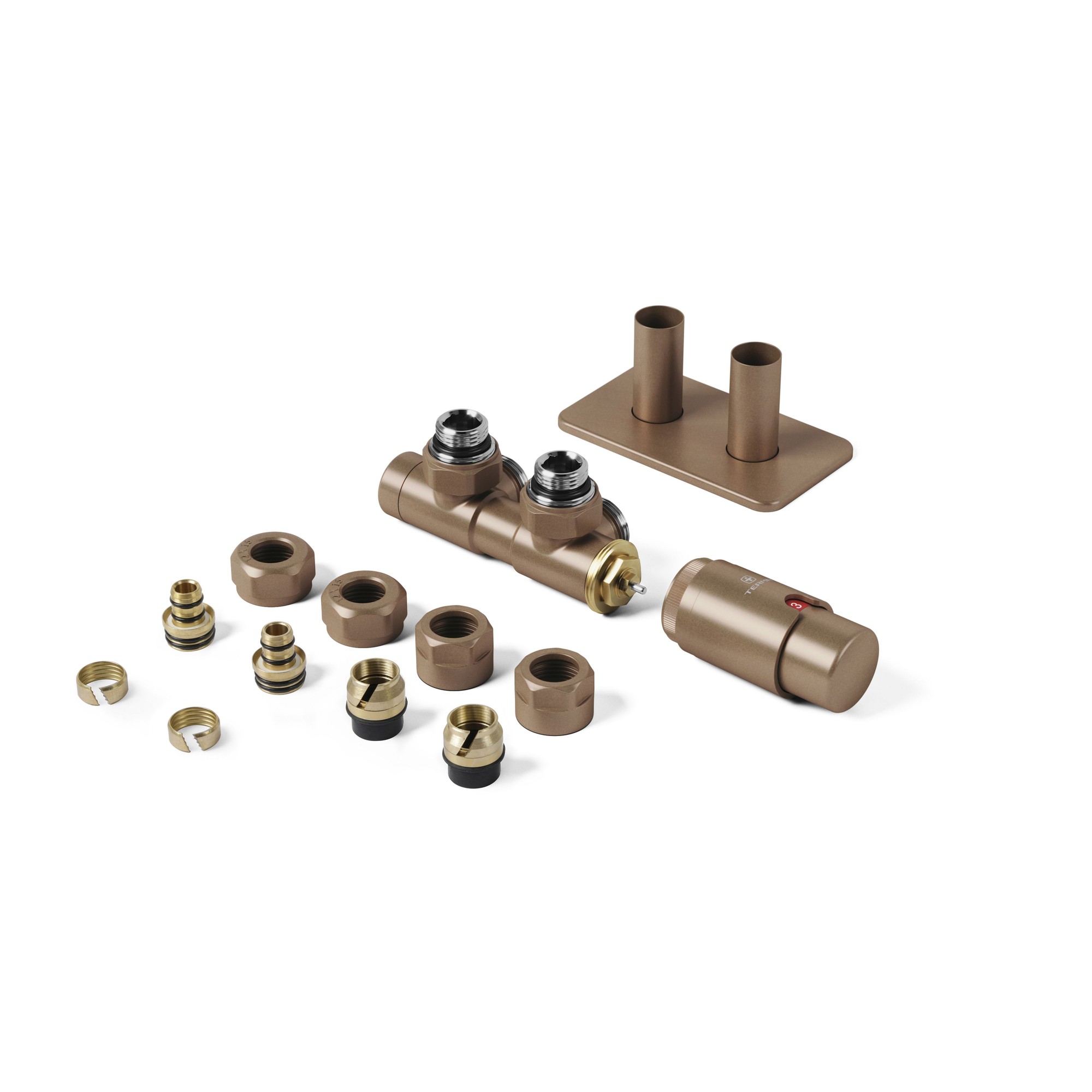 Bright copper angled accessory valves set with integrated TRVs, featuring a right-sided design, pipe masking, and various fittings in a sleek brown finish.