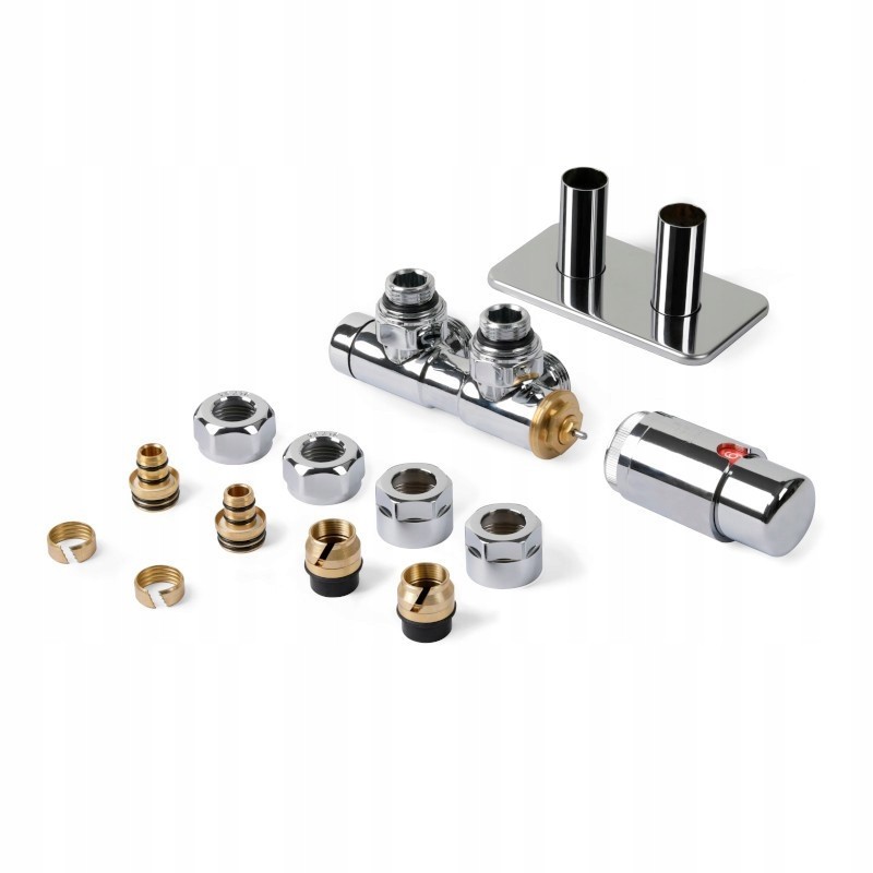 Chromed angled valve set featuring two valves, brass fittings, and a sleek metal plate, ideal for plumbing installations.